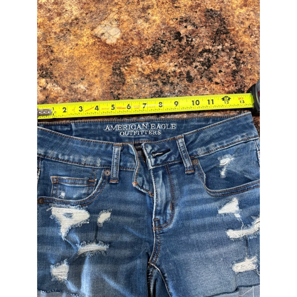 American Eagle “Super Low Shortie” Distressed Denim Shorts - Picture 3 of 7